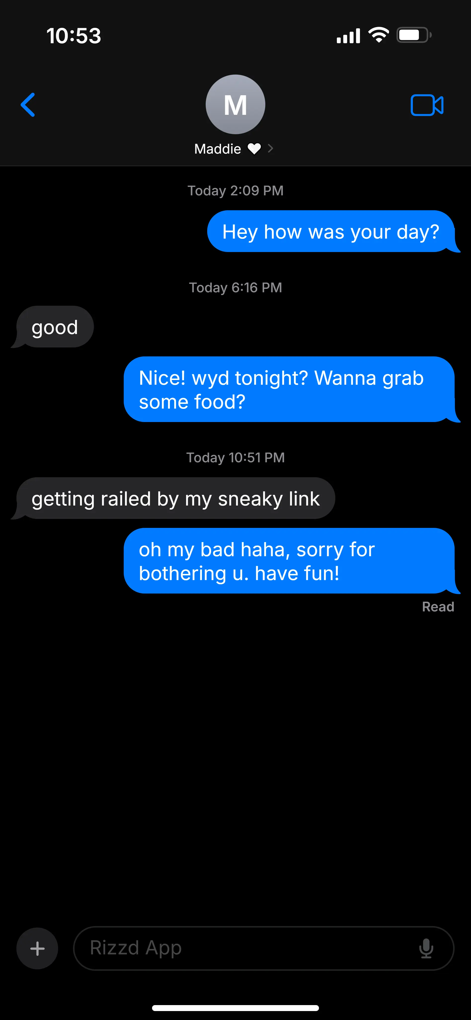 A clipboard opener — “Hey how was your day?” then “wyd tonight?” — answered with a flat “good” and then “getting railed by my sneaky link.”
