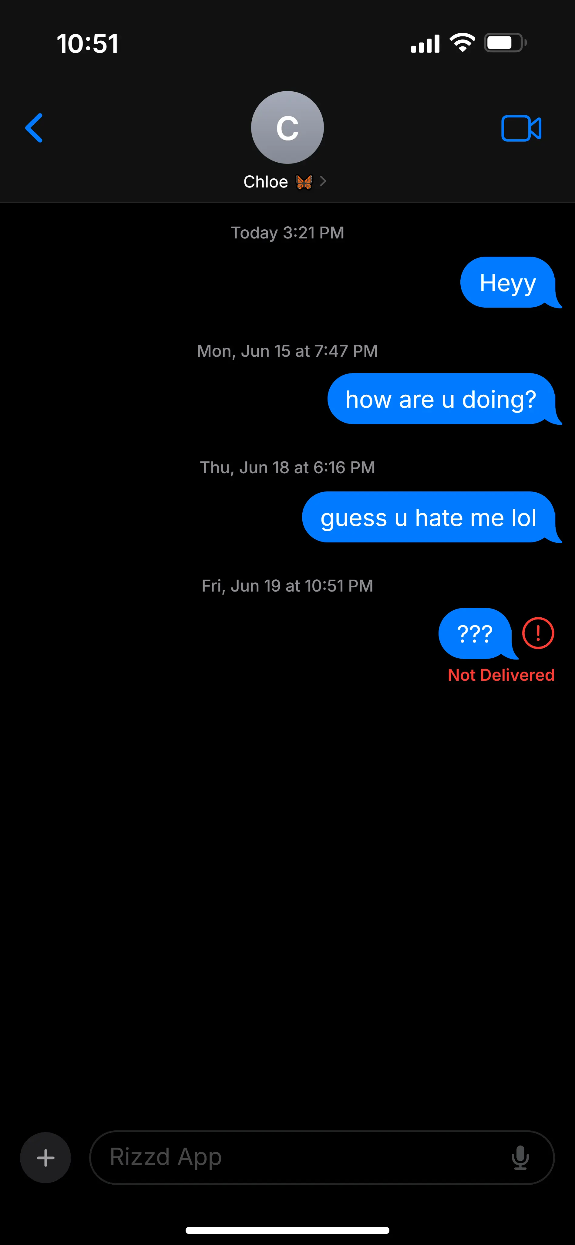 Three unanswered blue texts over four days — “Heyy,” “how are u doing?,” “guess u hate me lol” — the last one marked Not Delivered.