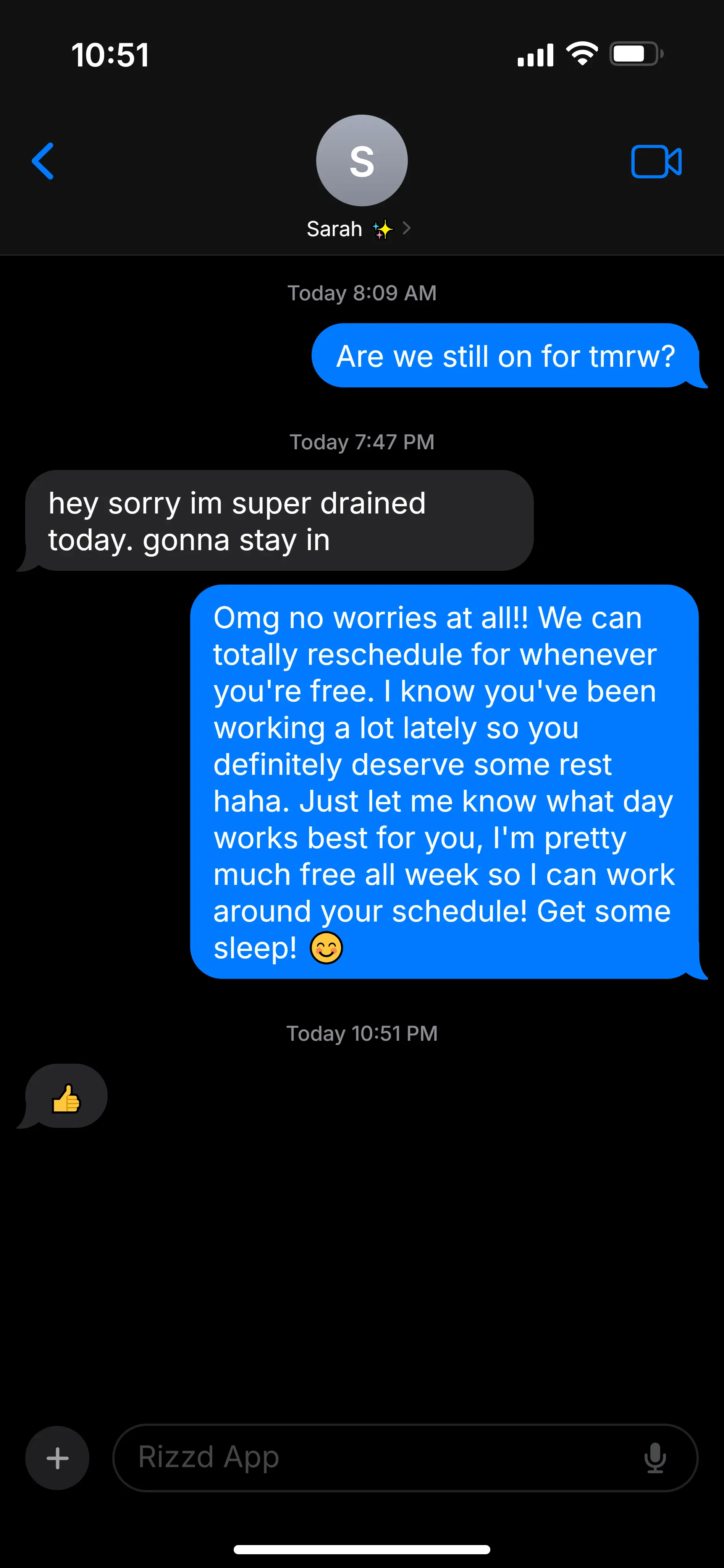 She cancels with “gonna stay in,” answered by a paragraph of “omg no worries at all!! you definitely deserve some rest” — and she replies with a single thumbs-up reaction.